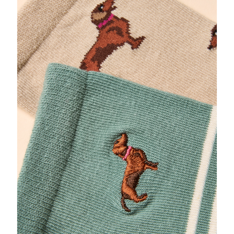 Joules Ladies Everyday Cotton Blend Socks 2 Pack - One Size - Khaki and Cream-2