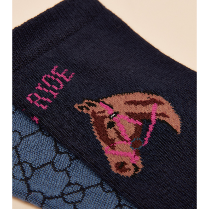 Joules Ladies Everyday Cotton Blend Socks 2 Pack - One Size - Navy Horse-1
