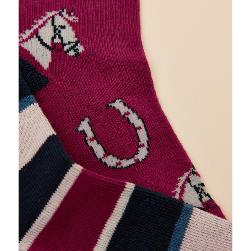 Joules Ladies Everyday Cotton Blend Socks 2 Pack - One Size - Berry Red Horse-1