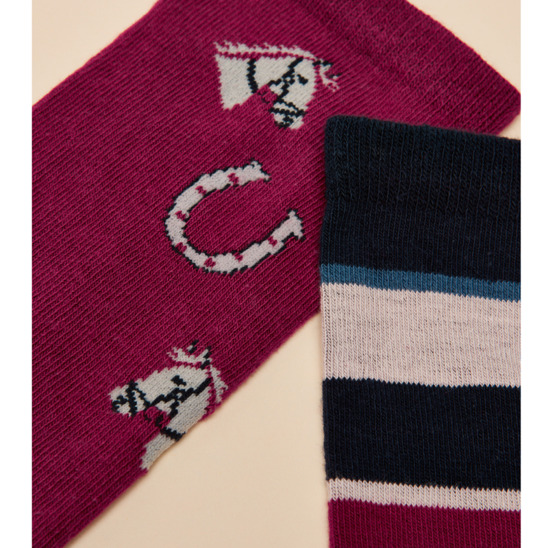 Joules Ladies Everyday Cotton Blend Socks 2 Pack - One Size - Berry Red Horse-2