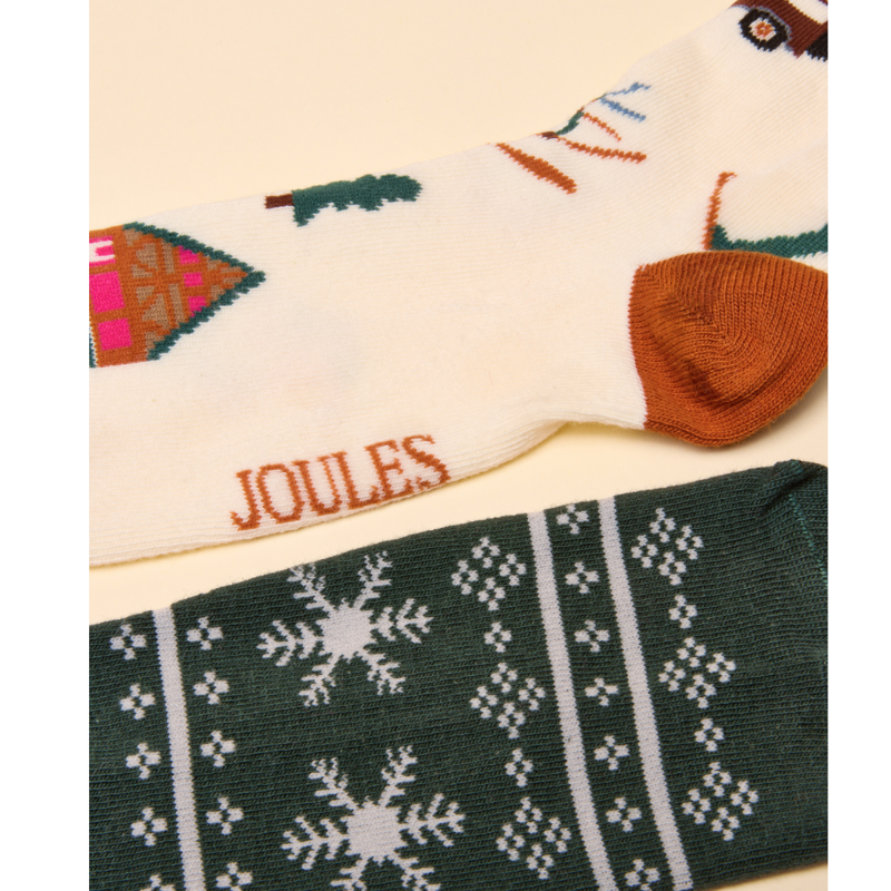 Joules Ladies Everyday Cotton Blend Socks 2 Pack - One Size - Cream Green Ski-1