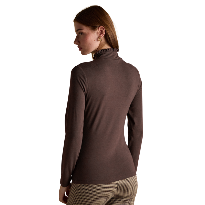 Joules Ladies Amy Long Sleeve High Frill Neck Jersey Top - Chocolate Brown-1