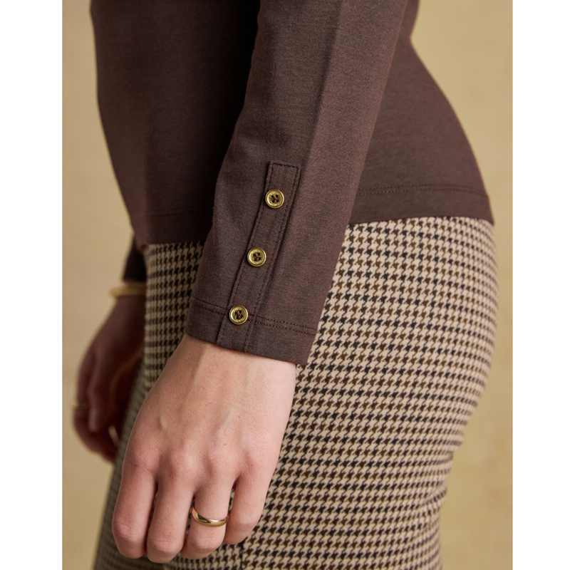 Joules Ladies Amy Long Sleeve High Frill Neck Jersey Top - Chocolate Brown-3