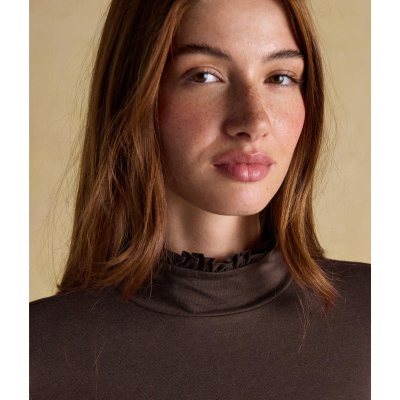 Joules Ladies Amy Long Sleeve High Frill Neck Jersey Top - Chocolate Brown-2