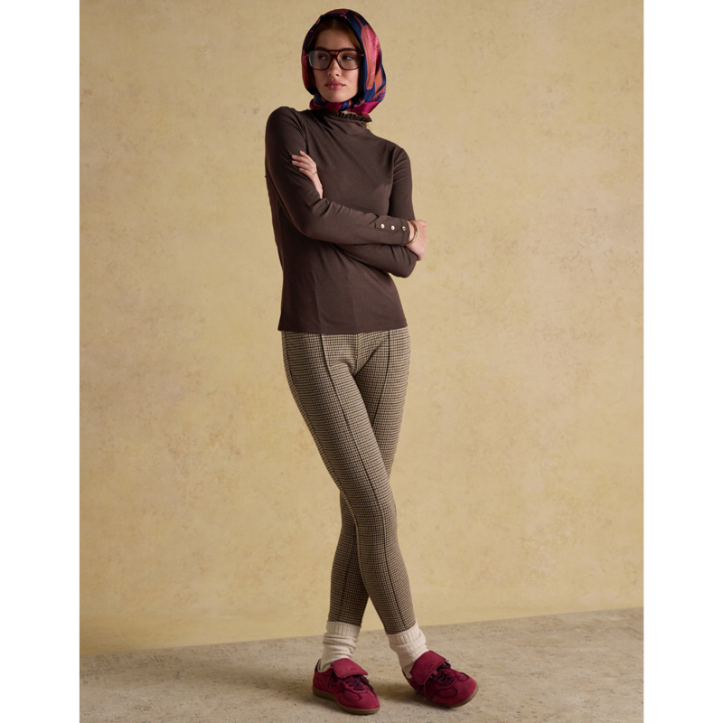 Joules Ladies Amy Long Sleeve High Frill Neck Jersey Top - Chocolate Brown-5