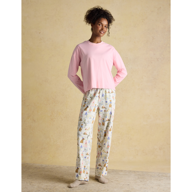 Joules Ladies Lyla Long Sleeve Jersey Cotton Pyjama Set - Pink/Cream-1