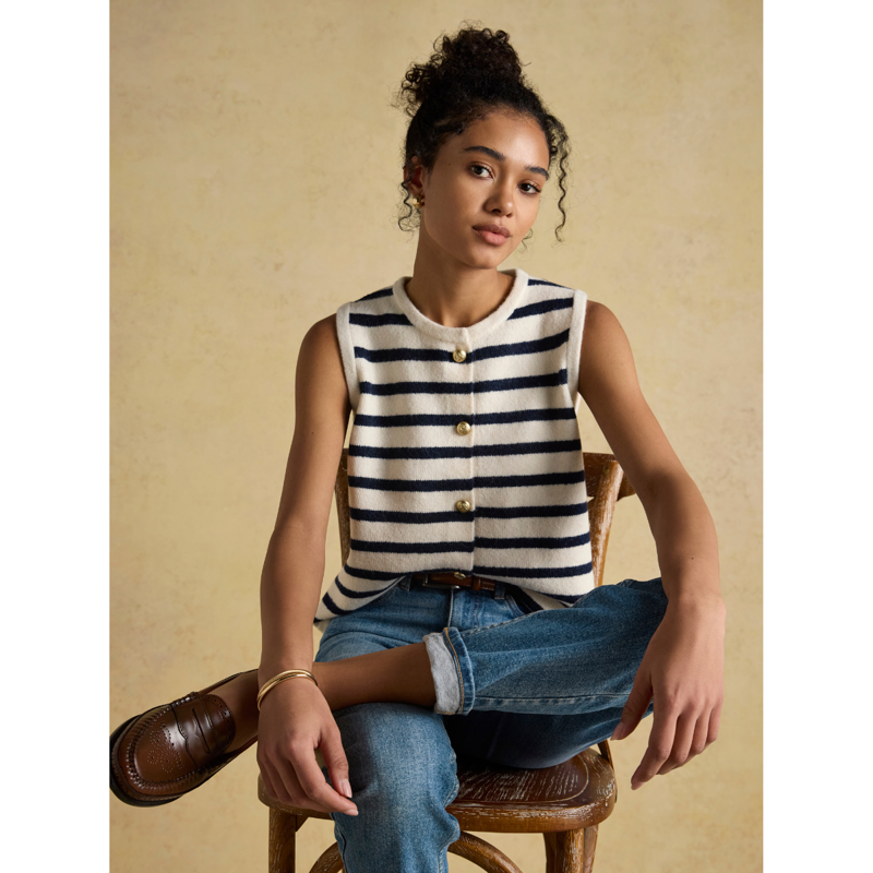 Joules Ladies Holly Button Through Knitted Vest - Cream/Navy-4