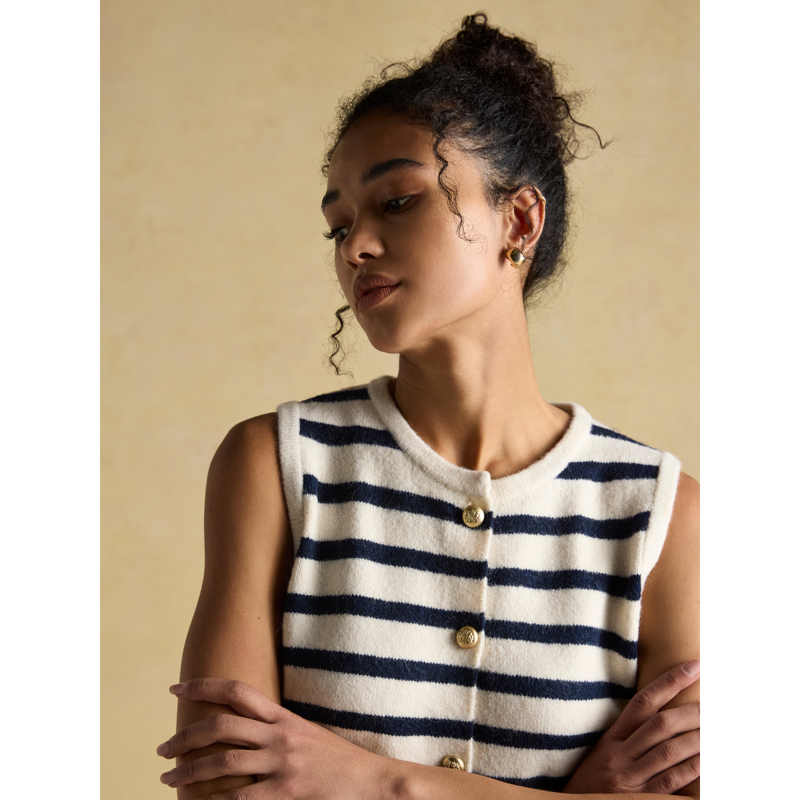 Joules Ladies Holly Button Through Knitted Vest - Cream/Navy-8