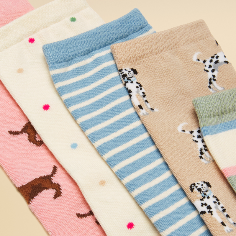 Joules Ladies Everyday Socks 5 Pack - Multi Ecru Dog-1