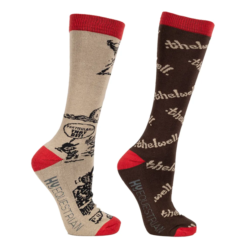 Hy Equestrian Children's Thelwell Collection Comic Chaos Socks Pack of 2 - Taupe/Red