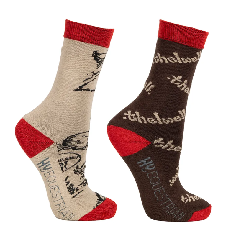 Hy Equestrian Children's Thelwell Collection Comic Chaos Socks Pack of 2 - Taupe/Red