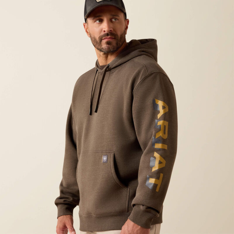 Ariat Men's Rebar Lightweight Logo Hoodie -  Brown Heather/Wood Thrush-2