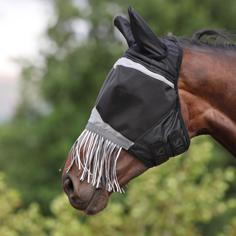 Shires Fine Mesh Fly Mask with Ears and Nose Fringe - Jet