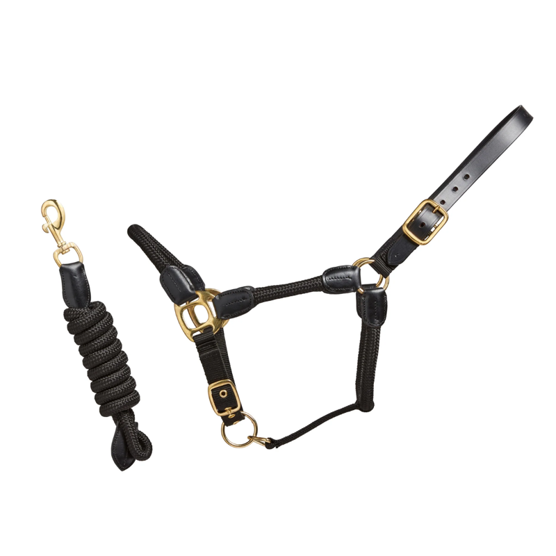 Cameo Rope Leather Headcollar and Leadrope - Black