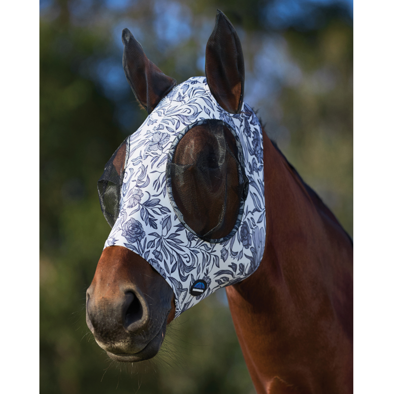WeatherBeeta ComfiTec Stretch Fly Mask with Ears - White/Navy Floral Print
