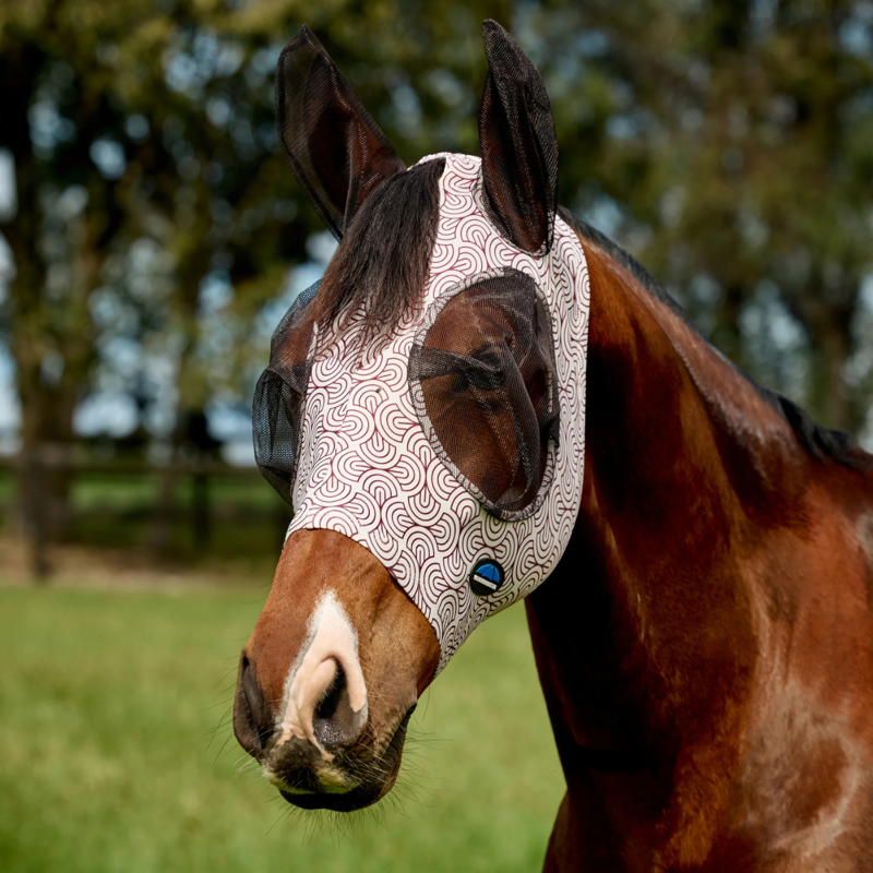 WeatherBeeta ComfiTec Deluxe Stretch Fly Mask with Ears - White/Burgundy Bit Print