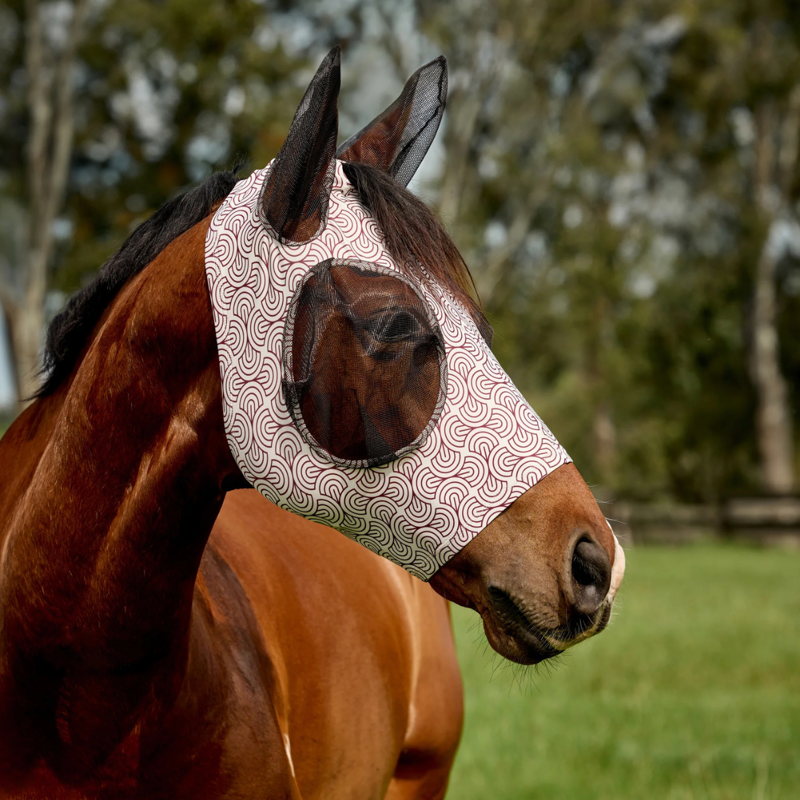 WeatherBeeta ComfiTec Deluxe Stretch Fly Mask with Ears - White/Burgundy Bit Print-1