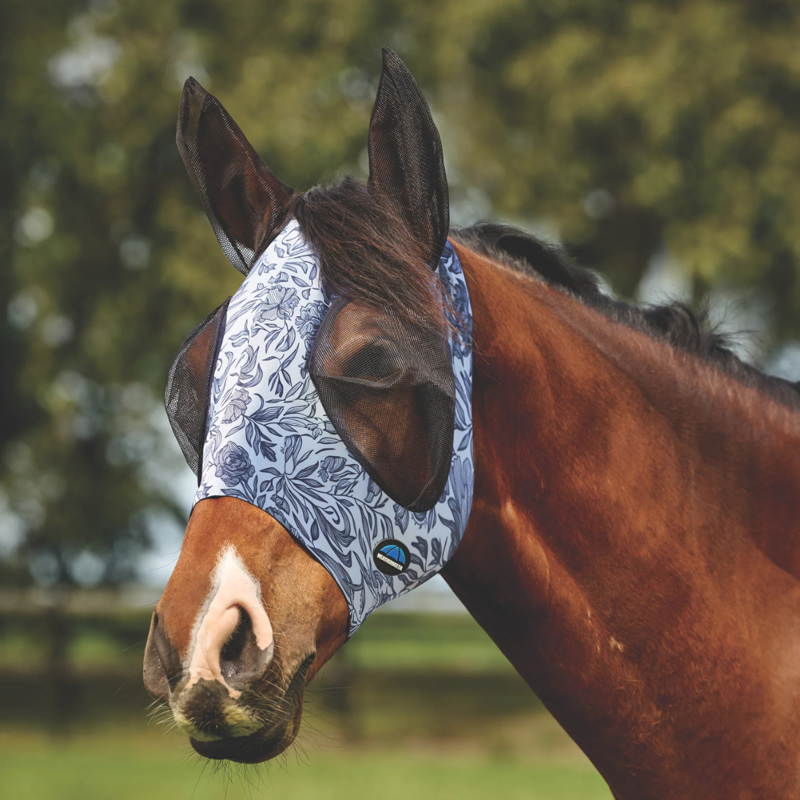 WeatherBeeta ComfiTec Deluxe Stretch Fly Mask with Ears - White/Navy Floral Print