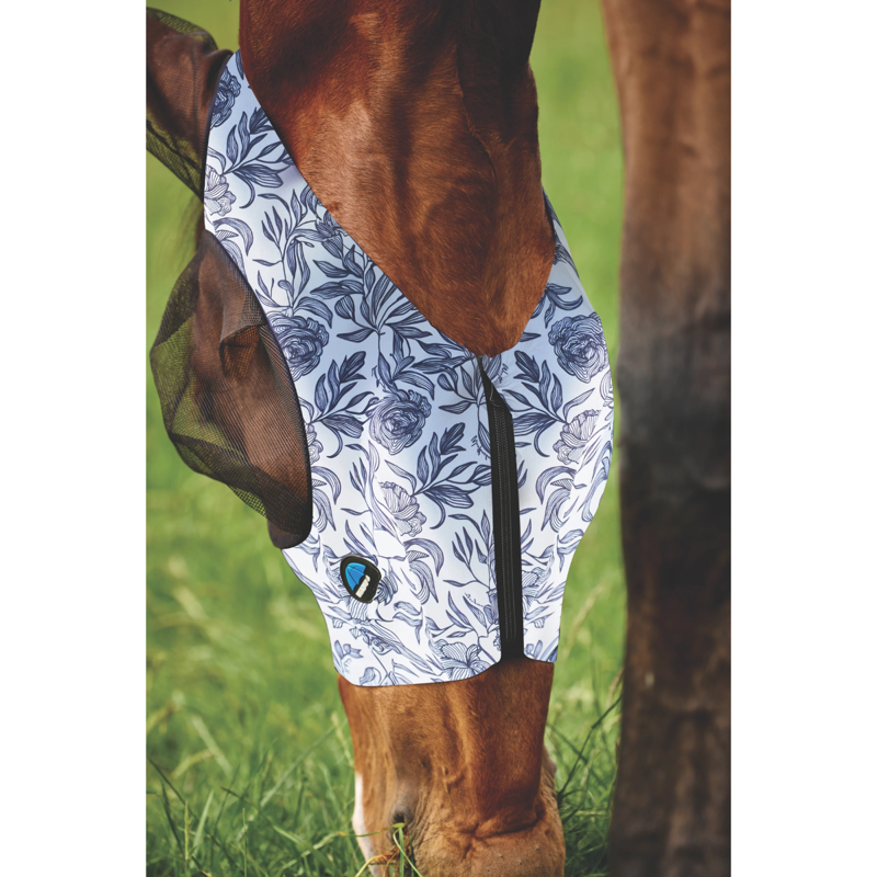 WeatherBeeta ComfiTec Deluxe Stretch Fly Mask with Ears - White/Navy Floral Print-1