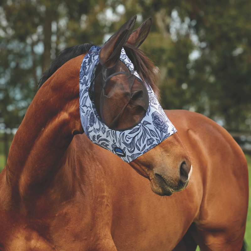 WeatherBeeta ComfiTec Deluxe Stretch Fly Mask with Ears - White/Navy Floral Print-2
