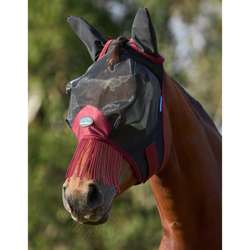 WeatherBeeta ComfiTec Fine Mesh Fly Mask with Ears and Tassels - Black/Burgundy