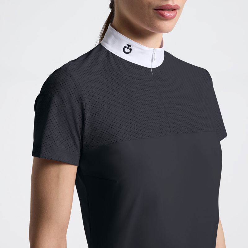 Cavalleria Toscana Women's Perforated Jersey Inserts Short Sleeve Competition Shirt - Charcoal-2