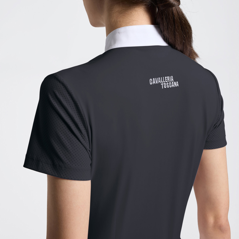 Cavalleria Toscana Women's Perforated Jersey Inserts Short Sleeve Competition Shirt - Charcoal-3