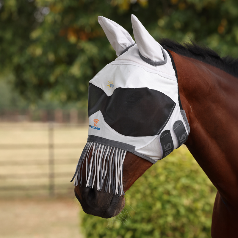 Shires FlyGuard Pro Sun Shade Fly Mask with Ears and Nose Fringe - White