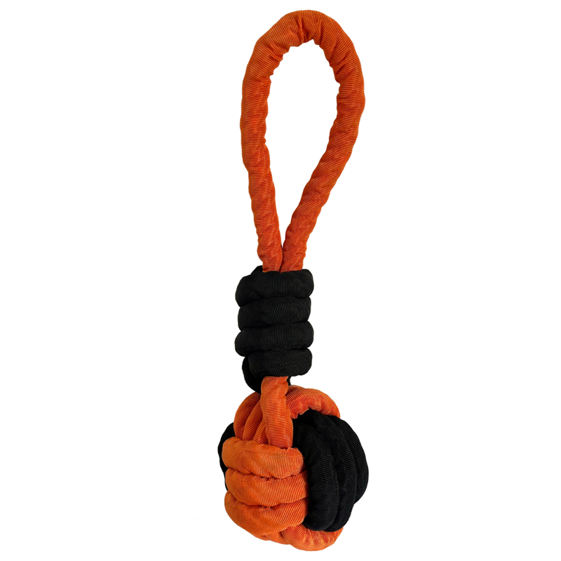 Hem and Boo Bite Resistant Covered Rope Ball Tug - Black/Orange - 45cm
