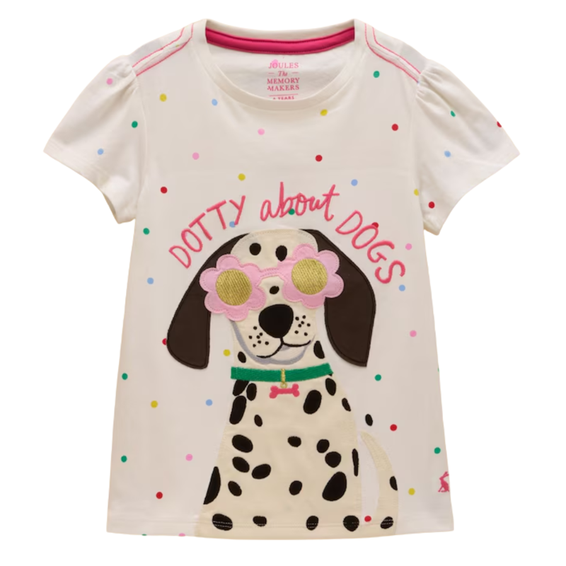 Joules Girls' Astra Applique Cotton T-Shirt - White Dogs