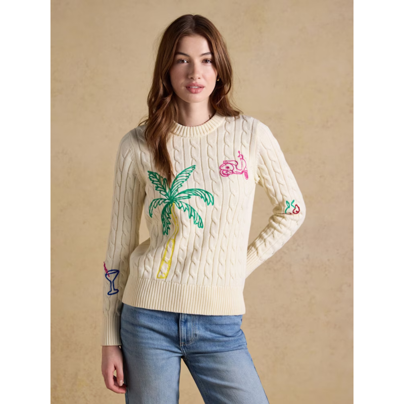 Joules Ladies Embroidered Crew Neck Cable Knit Jumper Jumper - Cream-1