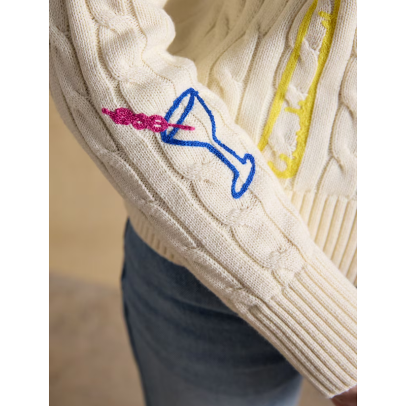 Joules Ladies Embroidered Crew Neck Cable Knit Jumper Jumper - Cream-4