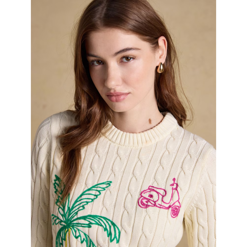Joules Ladies Embroidered Crew Neck Cable Knit Jumper Jumper - Cream-5