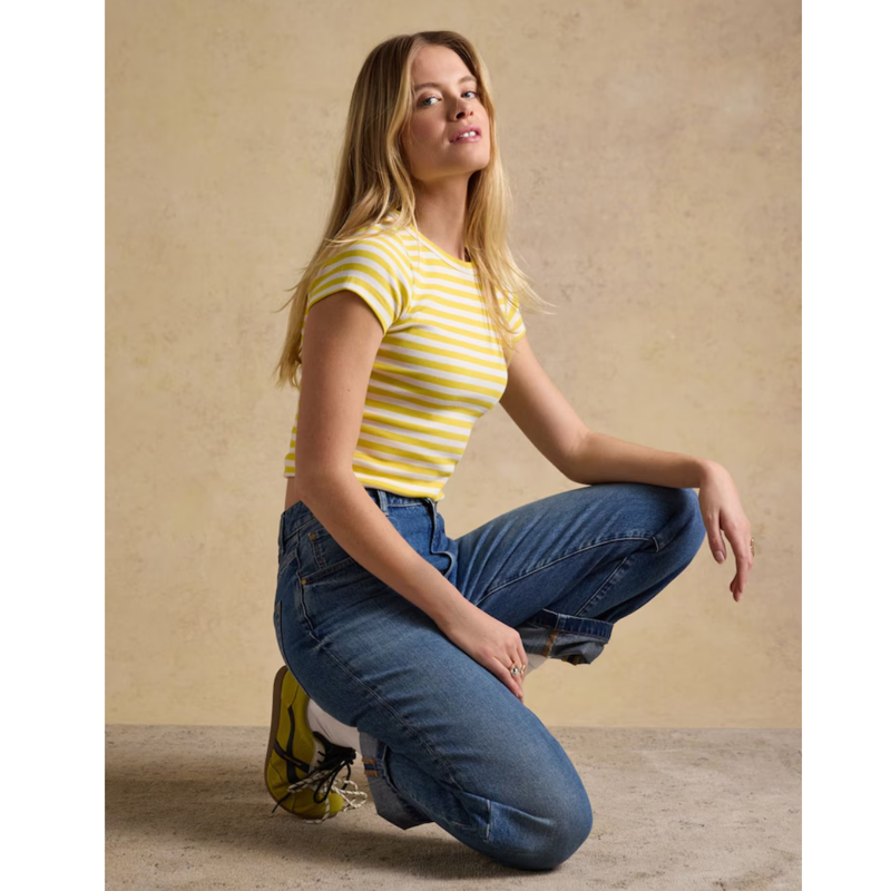 Joules Ladies Sophie Short Sleeve Ribbed T-Shirt - Yellow Stripe-2