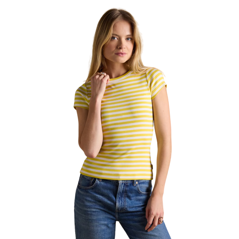 Joules Ladies Sophie Short Sleeve Ribbed T-Shirt - Yellow Stripe