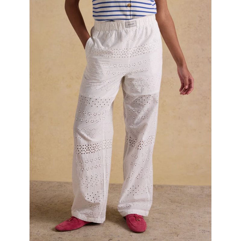 Joules Ladies Hallie Pull On Cotton Trousers - White Broderie-1