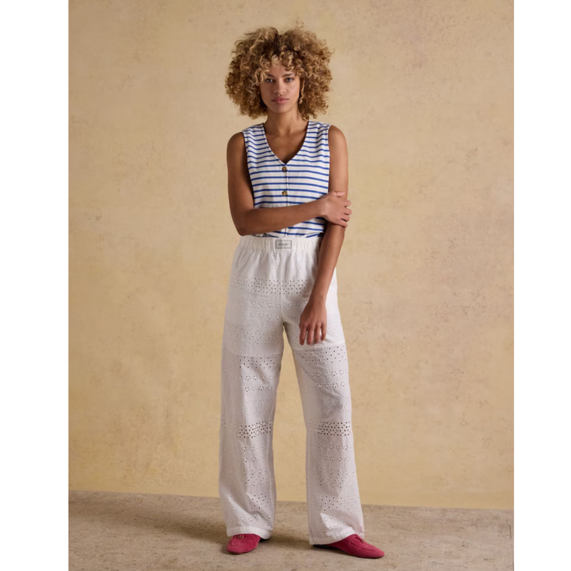 Joules Ladies Hallie Pull On Cotton Trousers - White Broderie-3