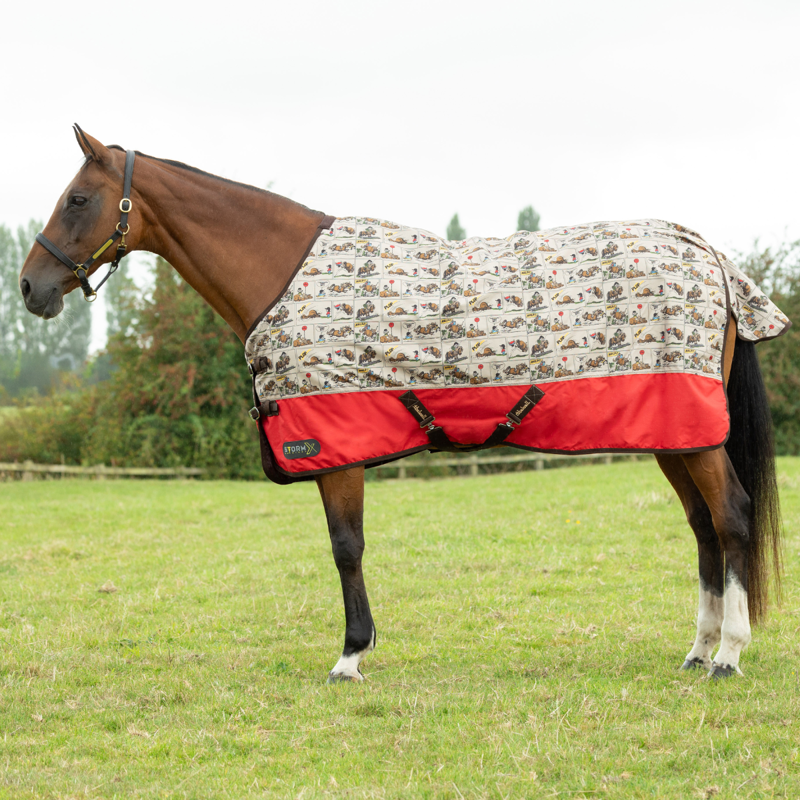 Hy StormX Original 50 Turnout Rug - Thelwell Collection Comic Chaos - Taupe/Red