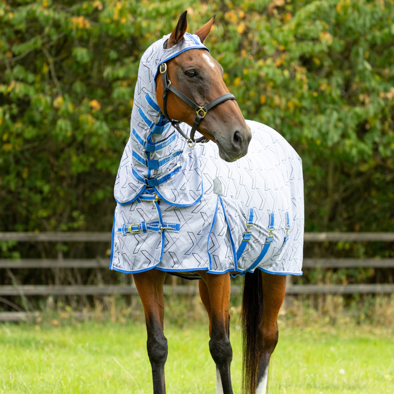 Hy DefenceX Shield Guardian Evolution UV Combi Fly Rug with Mask - White/Blue-2