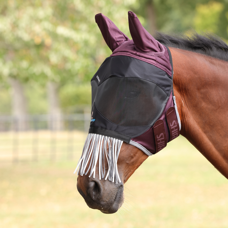 Shires FlyGuard Pro Deluxe Fly Mask with Ears and Nose Fringe - Black Cherry