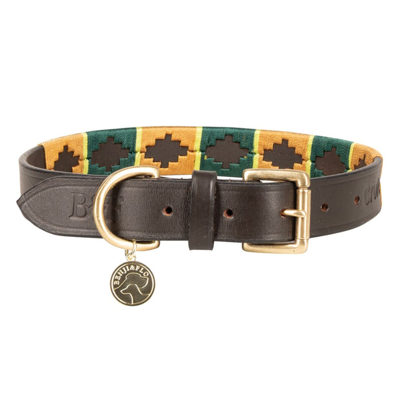 Benji and Flo Sublime Polo Leather Dog Collar - Green/Gold