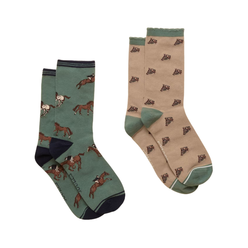 Joules Ladies Everyday 2 Pack Socks - Green/Neutral Horse