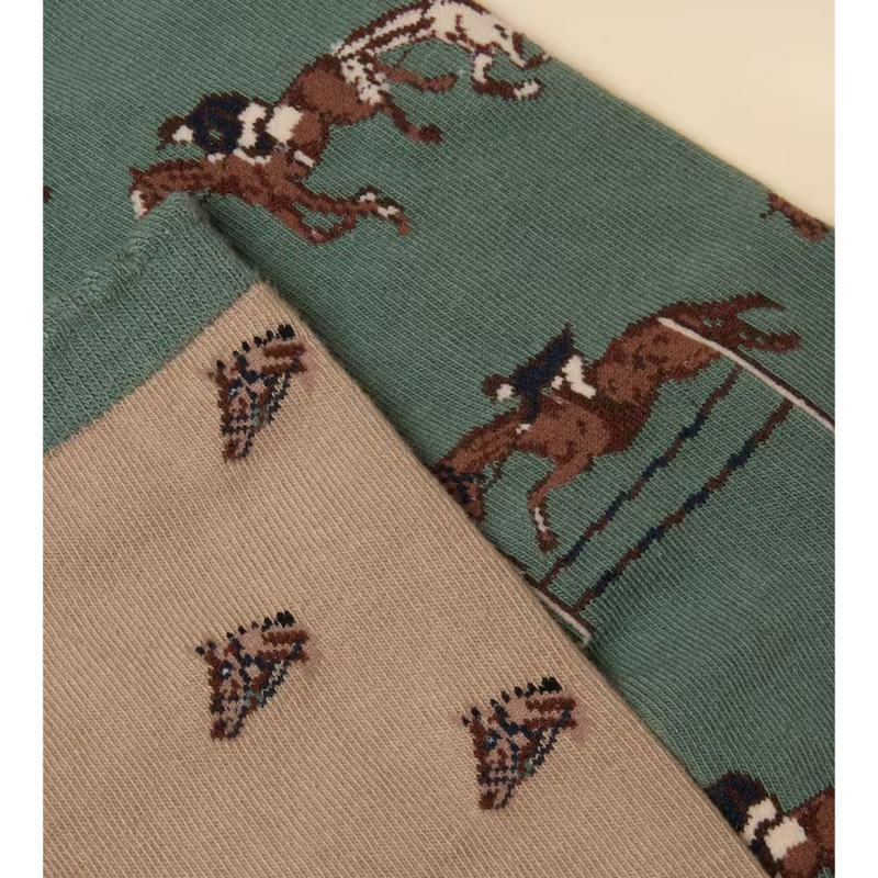 Joules Ladies Everyday 2 Pack Socks - Green/Neutral Horse-2