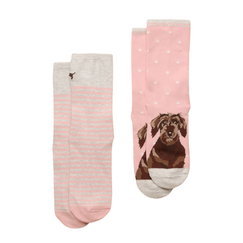 Joules Ladies Everyday 2 Pack Socks - Pink and Grey Dog