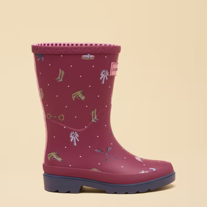 Joules Girls' Welly Print Wellies - Berry Pink Horse-1