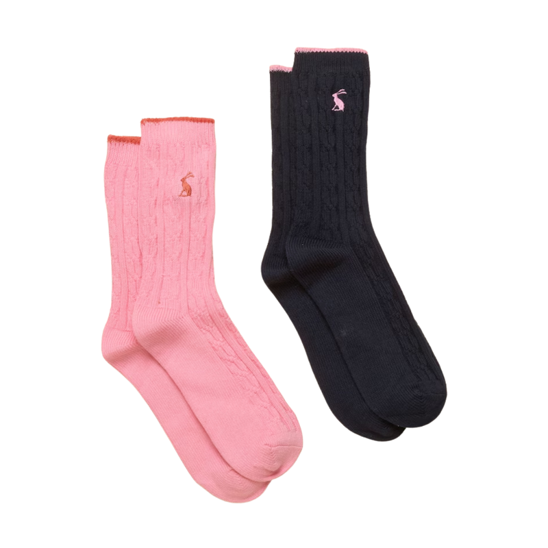 Joules Ladies Cable 2 Pack Socks - Navy and Pink