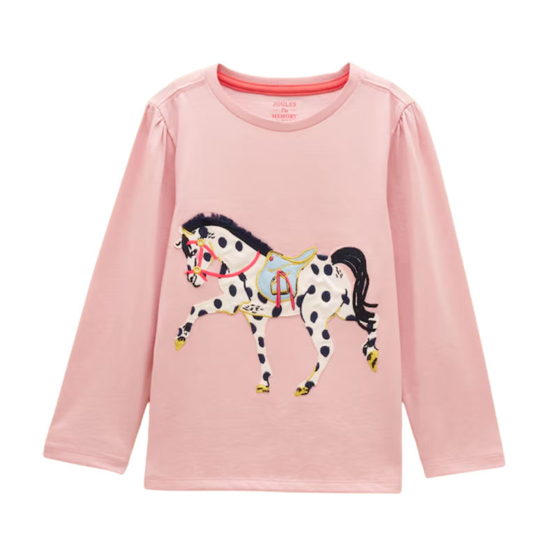 Joules Girls' Ava Applique Long Sleeve Top - Pink Horse