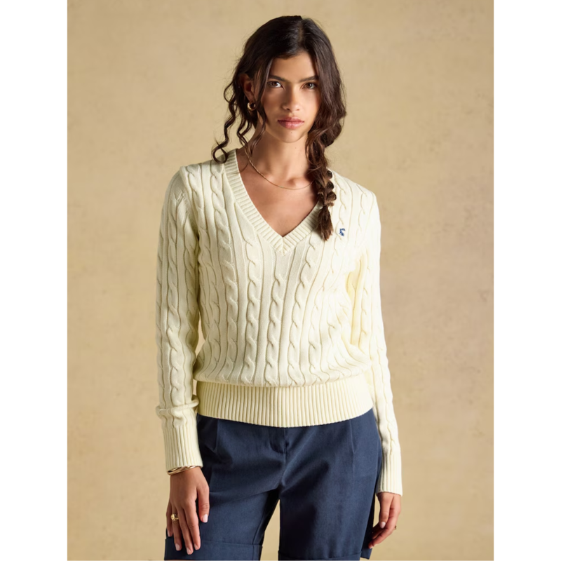 Joules Ladies Classic V-Neck Cable Jumper - Cream-1