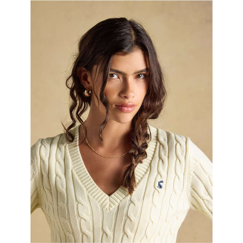 Joules Ladies Classic V-Neck Cable Jumper - Cream-4