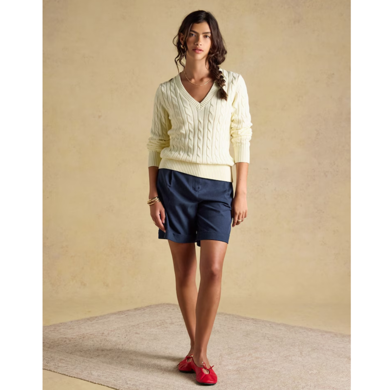 Joules Ladies Classic V-Neck Cable Jumper - Cream-6